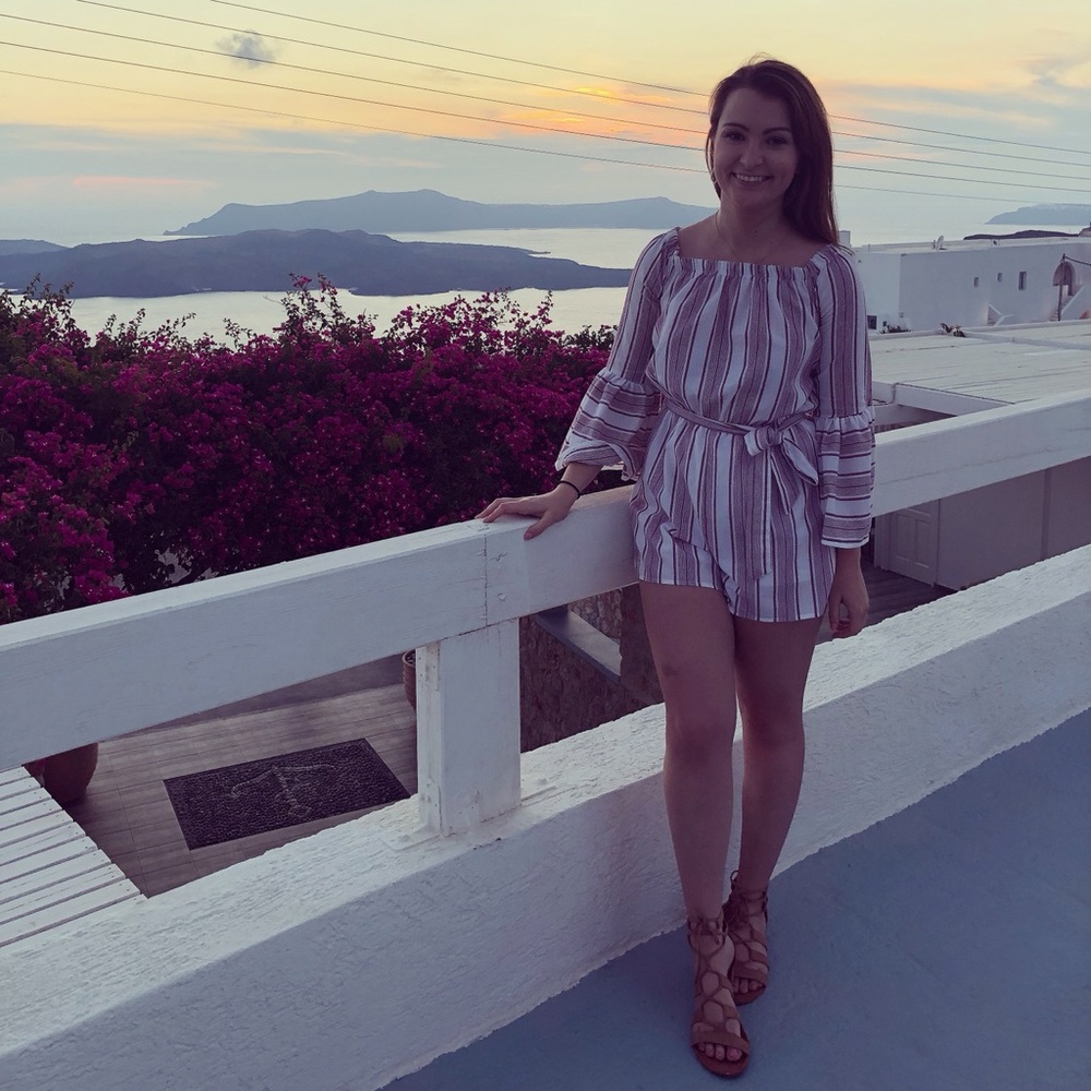 Striped, off the shoulder/bell sleeves romper